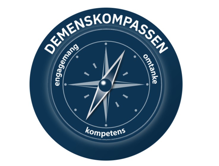 Symbolen f&ouml;r demenskompassen, en bl&aring; kompass med Attendos v&auml;rderingsord engagemang, omtanke, kompetens