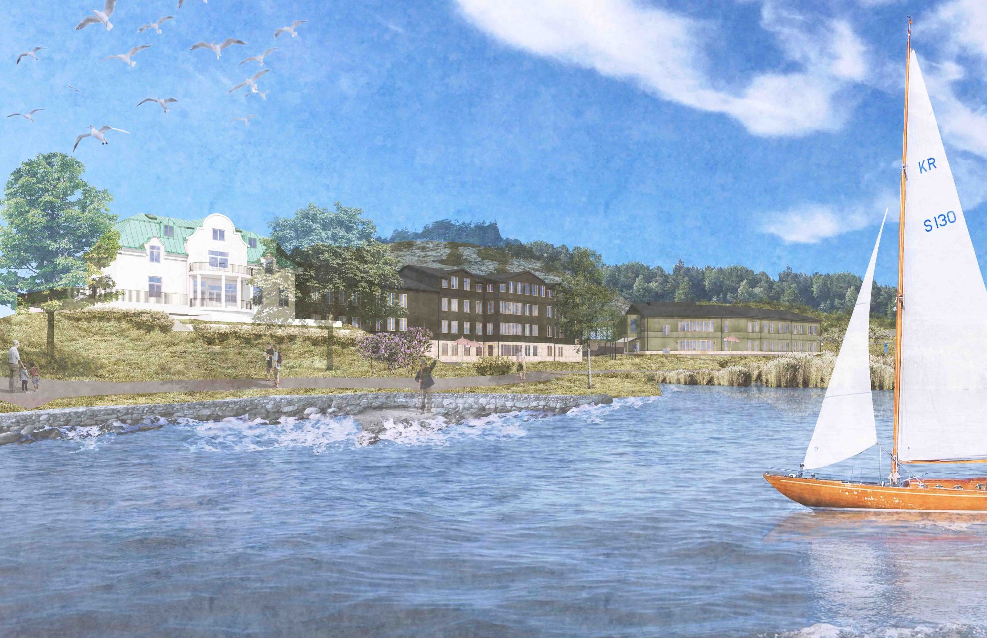 Visionsbild av nybyggnationen från vattnet. 