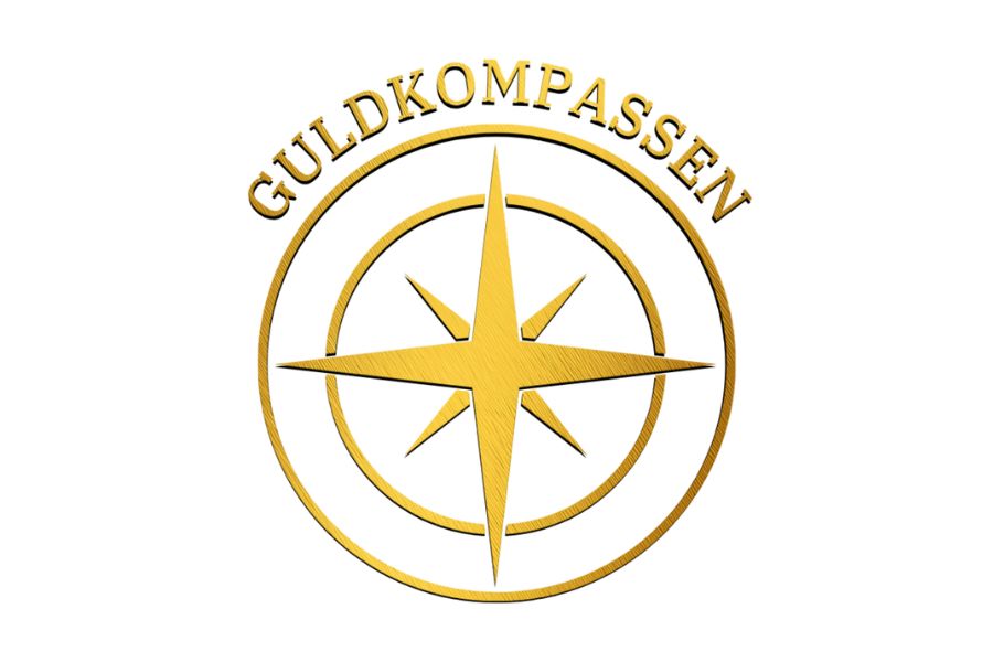 En symbol i form av en kompass i guld, med texten Guldkompassen