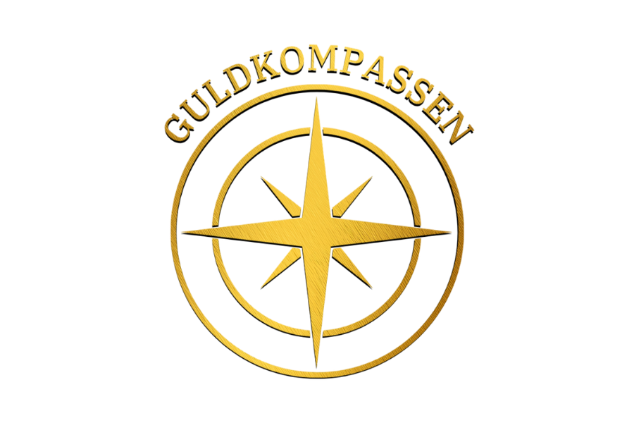 En symbol i form av en kompass i guld, med texten Guldkompassen